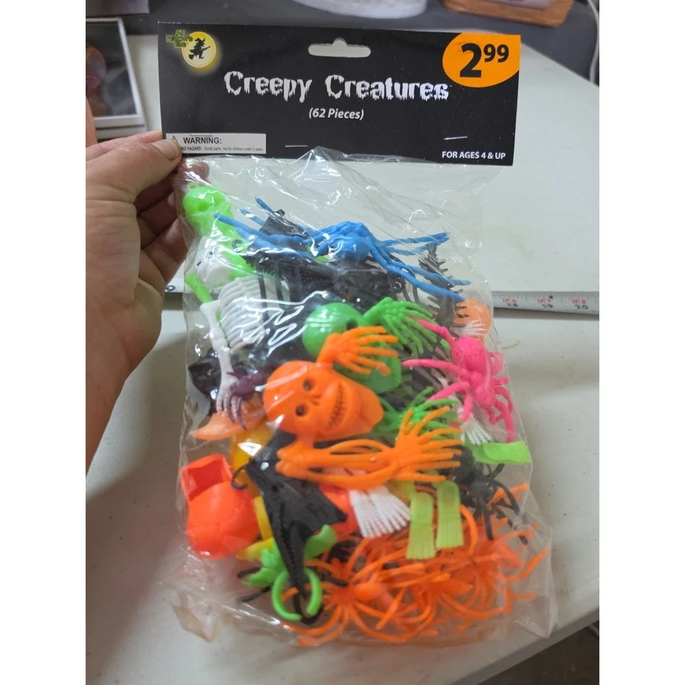 62 Pieces Halloween Creepy Creatures VTG East West Dist. NIP Plastic Decorations